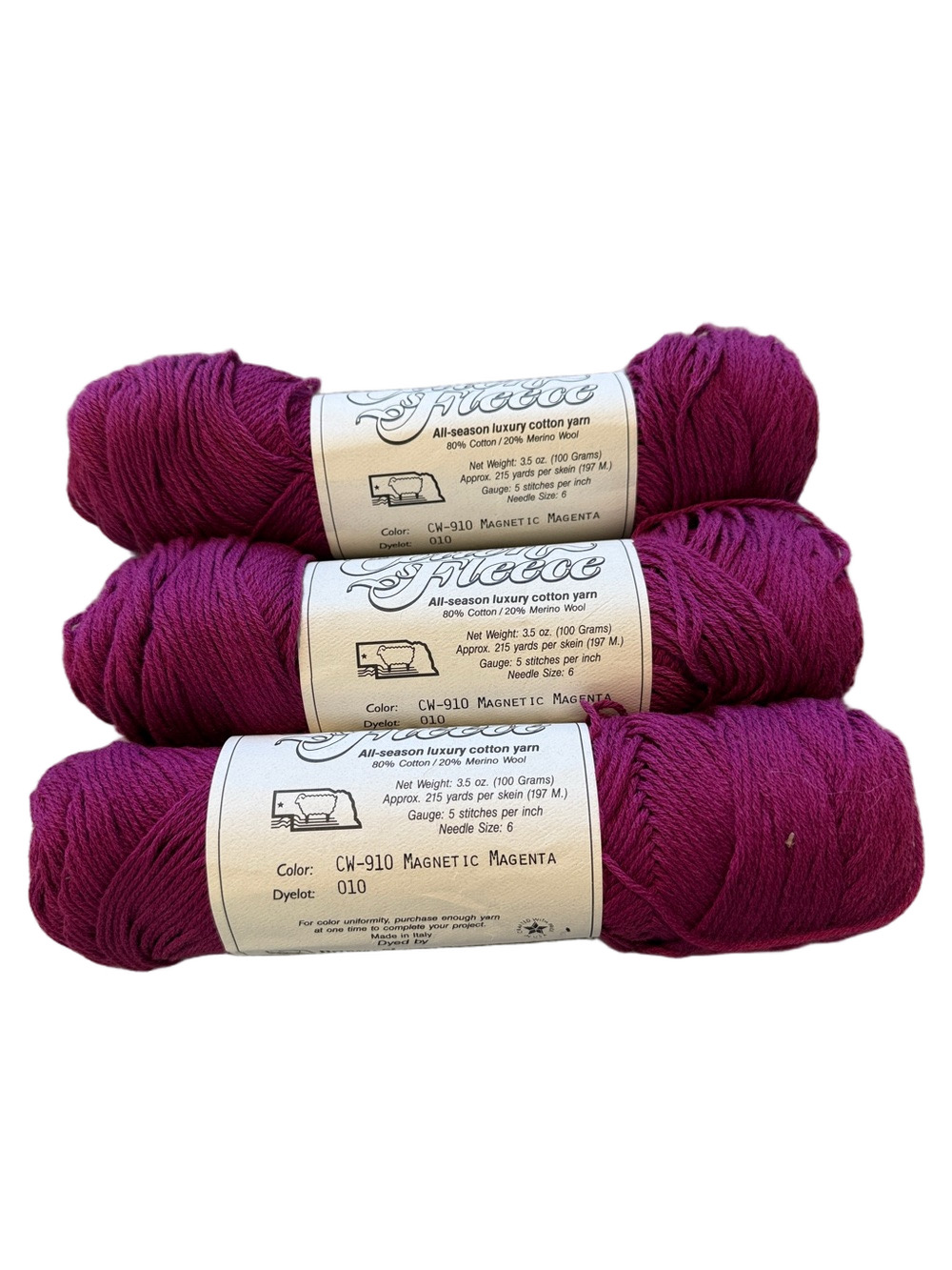 (3) Brown Sheep Cotton Fleece Yarn Lot Skeins Color CW-910 Magnetic Magenta